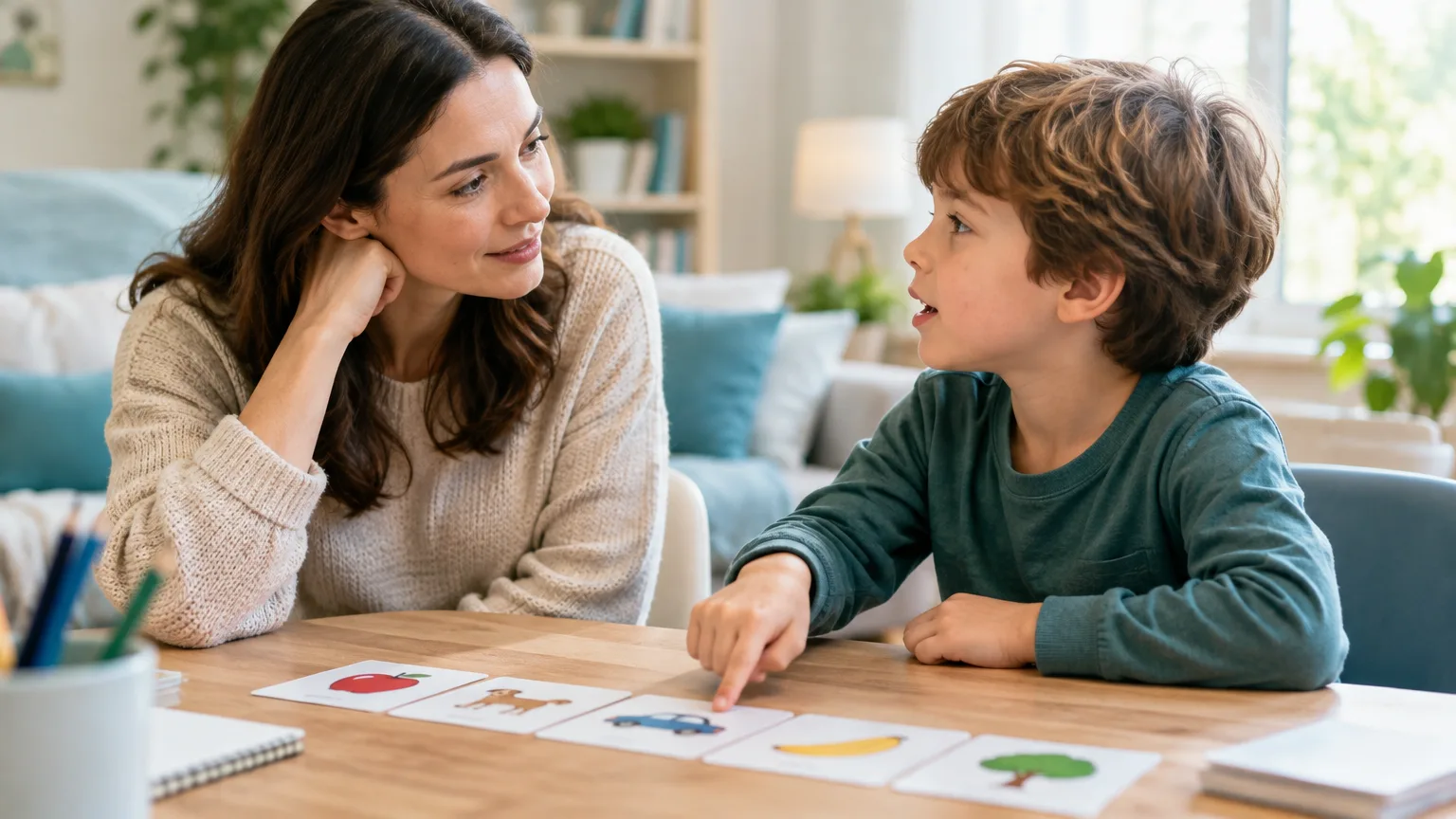 Illustrazione AI di un genitore che ascolta un bambino mentre indica immagini di oggetti durante un gioco di parole, in un ambiente domestico luminoso.