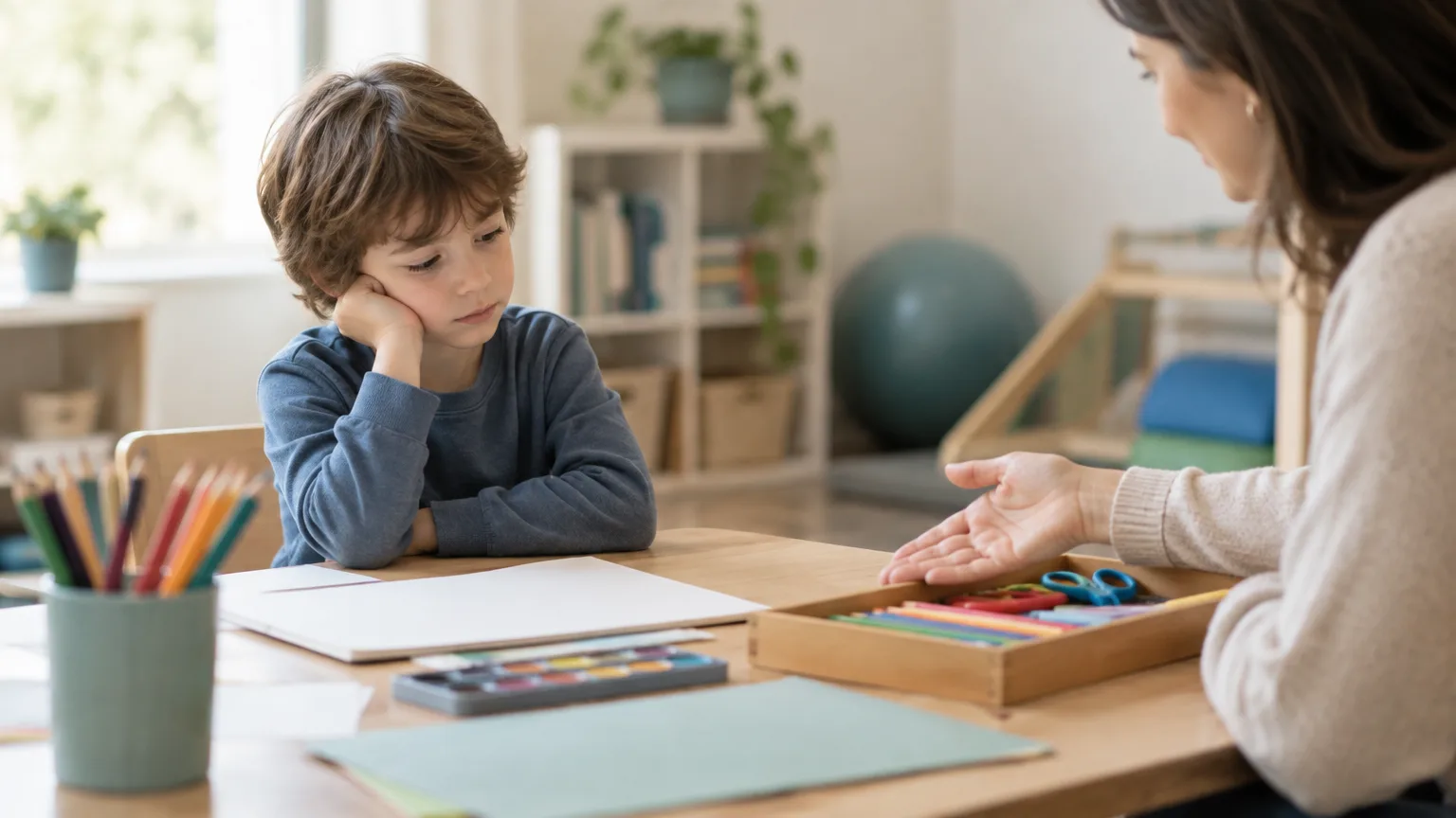Illustrazione di un bambino seduto a un tavolo con fogli e materiali per disegnare, mentre un adulto gli lascia spazio per scegliere se partecipare