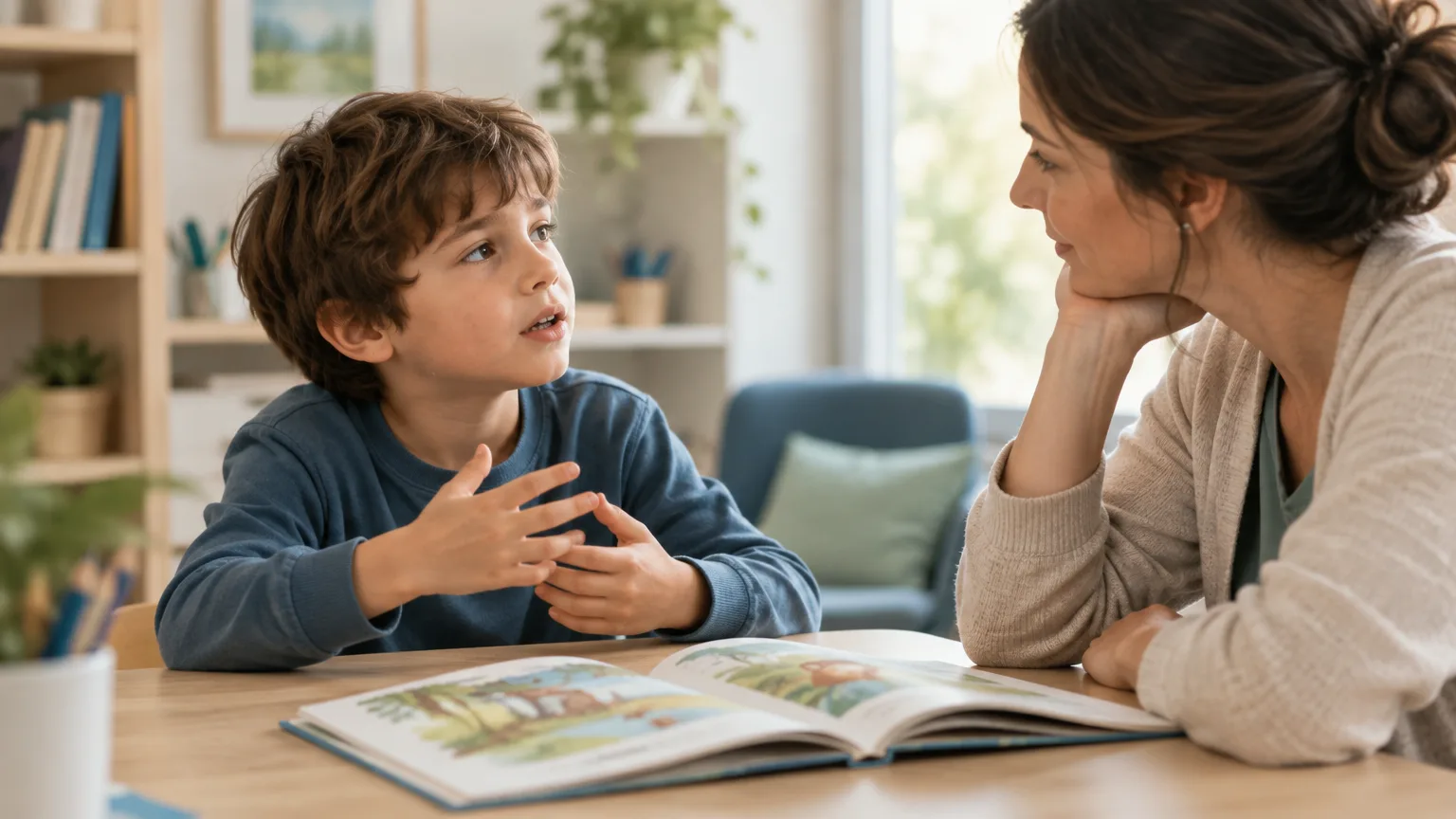 Illustrazione AI di un bambino che racconta una storia a un adulto attento, con un libro illustrato aperto sul tavolo