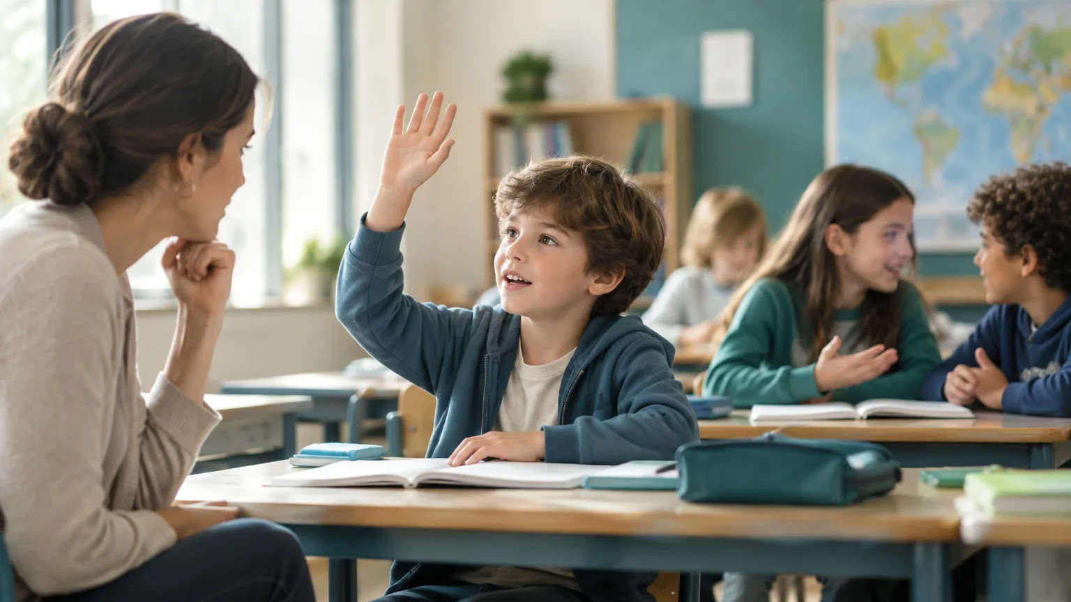 Illustrazione di un bambino seduto in classe che alza la mano mentre un insegnante ascolta e alcuni compagni conversano; scena scolastica stilizzata, non una