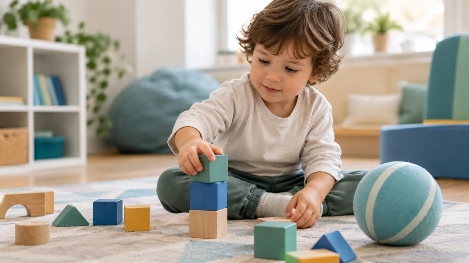 Illustrazione di un bambino di circa 3 anni che gioca con cubi e una palla in uno spazio accogliente, senza riferimenti a persone o ambienti reali del centro.