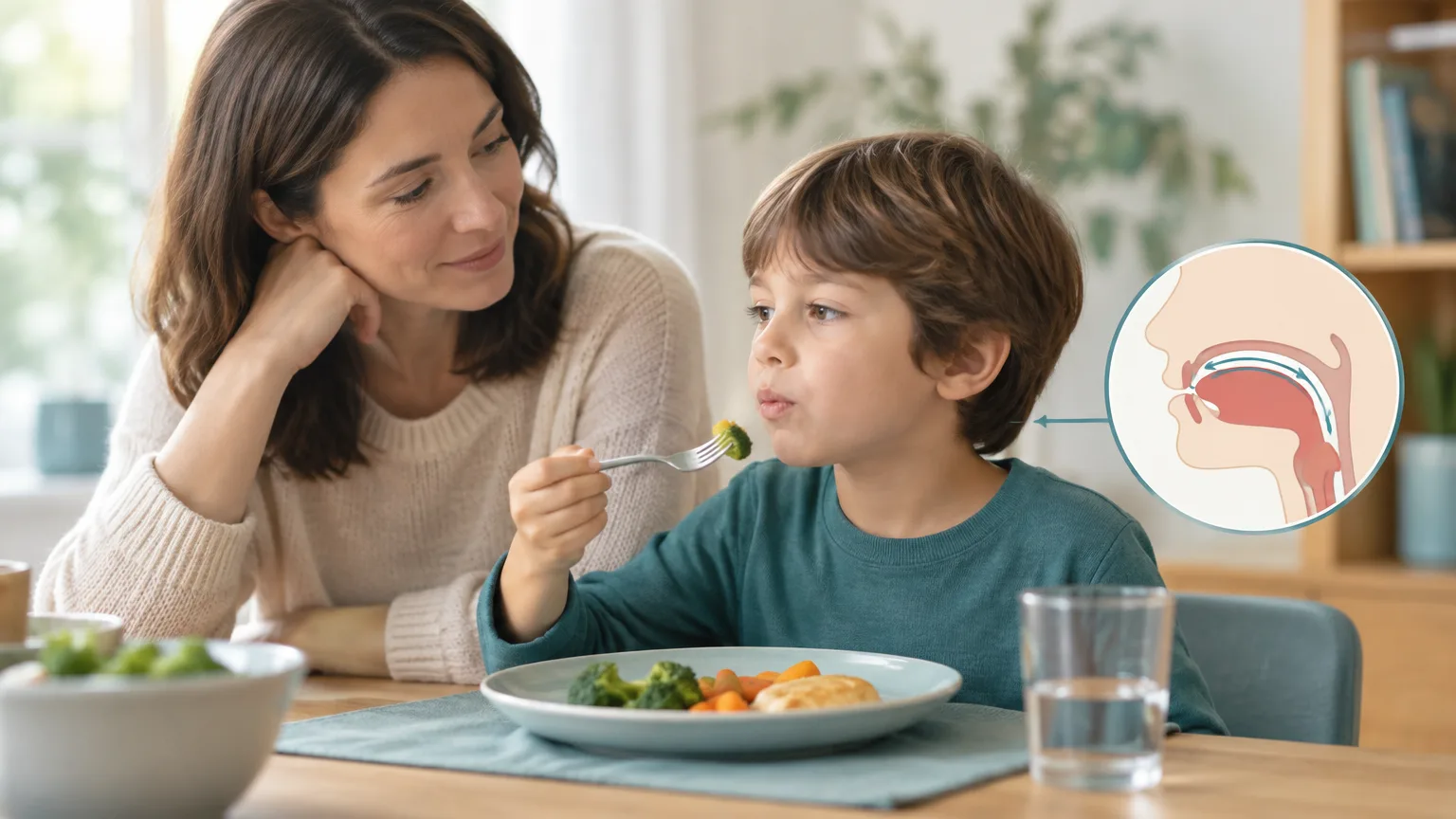 Illustrazione non fotorealistica di un genitore accanto a un bambino durante un pasto, con un semplice schema stilizzato della bocca e della lingua sullo