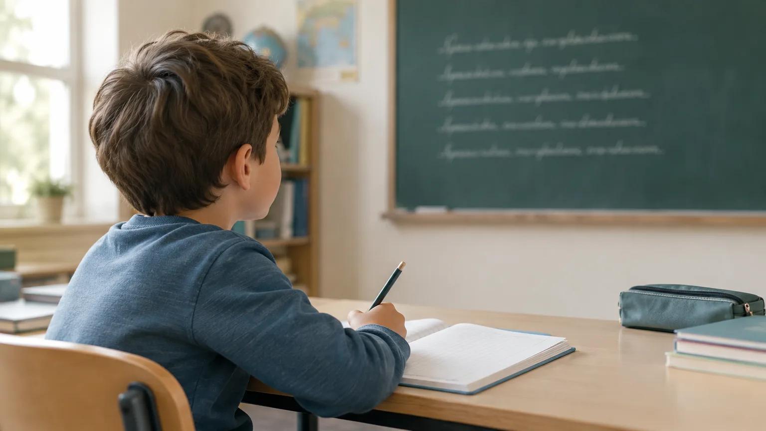 Illustrazione editoriale di un bambino seduto al banco che guarda una lavagna con alcune righe di testo e le ricopia sul quaderno, senza loghi o riferimenti a