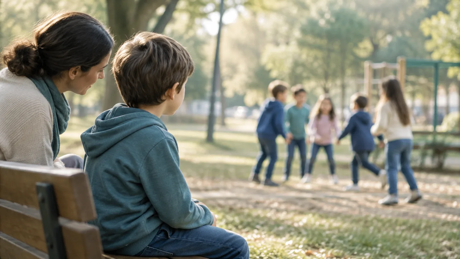 Illustrazione AI di un bambino che osserva un gruppo di coetanei mentre gioca in un parco, con un adulto vicino disponibile ad ascoltarlo