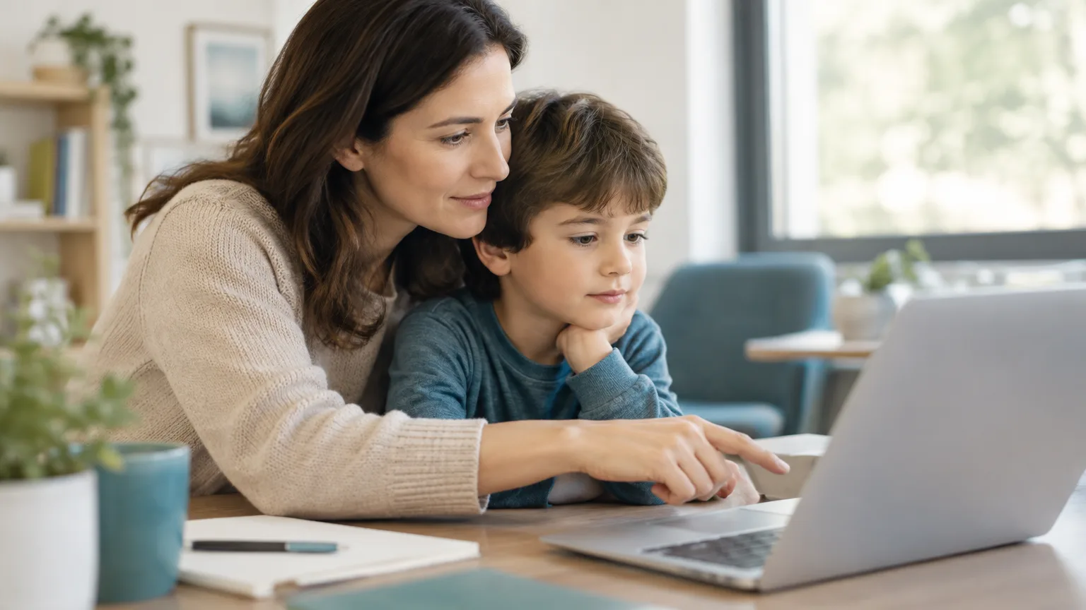Illustrazione AI di un genitore e un bambino che consultano insieme informazioni per un appuntamento, in un ambiente neutro; non è una fotografia reale del